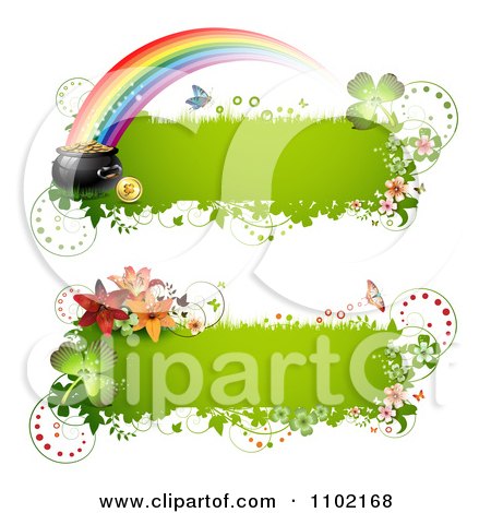 Clipart Green St Patricks Day Banners With A Pot Of Gold Rainbow Shamrocks And Lilies - Royalty Free Vector Illustration by merlinul