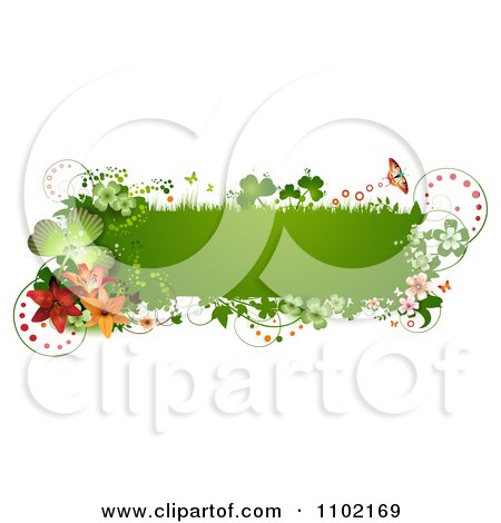 Clipart Green St Patricks Day Banner With Shamrocks Butterflies And Lilies - Royalty Free Vector Illustration by merlinul