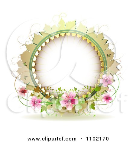 Clipart Round Frame With Vines And Pink Blossoms On White - Royalty Free Vector Illustration by merlinul