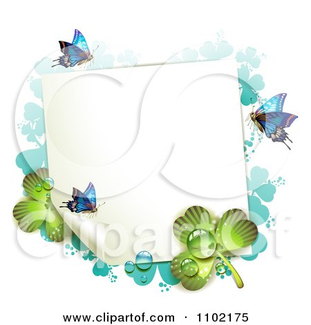 Clipart St Patricks Day Background Of A Blank Page With Butterflies Dew And Green And Turquoise Shamrock - Royalty Free Vector Illustration by merlinul
