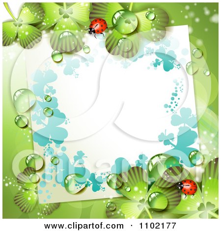 Clipart Blank Note Ladybug And Dewy Shamrock St Patricks Day Background - Royalty Free Vector Illustration by merlinul