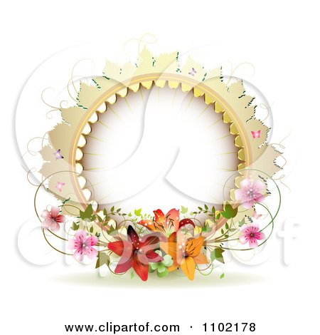Clipart Round Frame With Lilies Vines And Pink Blossoms On White - Royalty Free Vector Illustration by merlinul