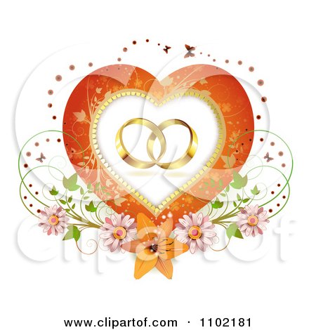 Clipart Wedding Bands In A Heart Frame With Blossoms Butterflies And A Lily - Royalty Free Vector Illustration by merlinul