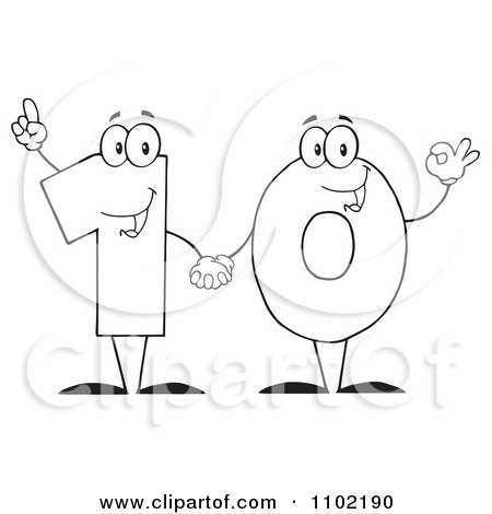 Clipart Outlined One And Zero Holding Hands And Forming A Ten - Royalty Free Vector Illustration by Hit Toon