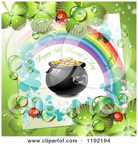 Clipart Happy St Patricks Day Greeting With A Rainbow And Pot Of Gold On Shamrocks With Ladybugs - Royalty Free Vector Illustration by merlinul