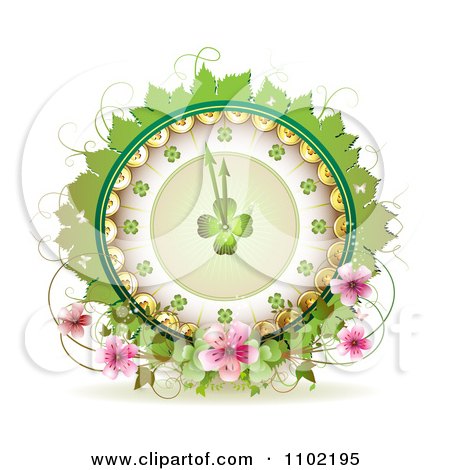 Clipart St Patricks Day Shamrock Clock With Coins Leaves Vines And Blossoms - Royalty Free Vector Illustration by merlinul
