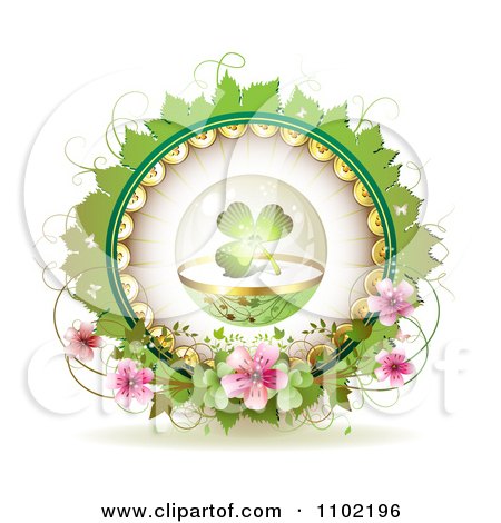 Clipart St Patricks Day Shamrock In A Glass Sphere Over Blossoms On White - Royalty Free Vector Illustration by merlinul