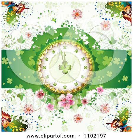 Clipart St Patricks Day Shamrock Clock With Butterflies Vines And Blossoms - Royalty Free Vector Illustration by merlinul