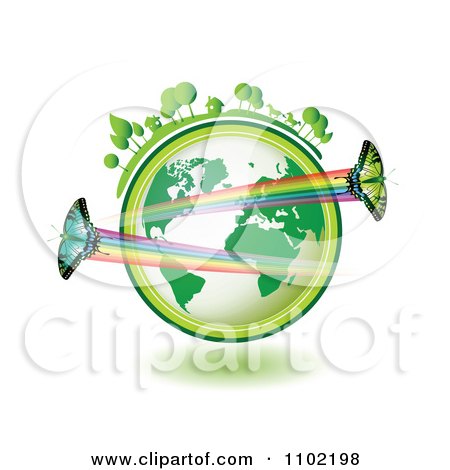 Clipart Butterflies With Rainbow Trails Over A Green Globe With Horses And Homes On Top - Royalty Free Vector Illustration by merlinul