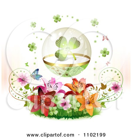 Clipart St Patricks Day Shamrock In A Glass Sphere Over Lilies On White - Royalty Free Vector Illustration by merlinul