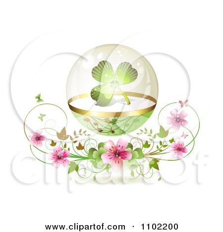 Clipart St Patricks Day Background Of A Shamrock In A Glass Sphere Over Blossoms On White - Royalty Free Vector Illustration by merlinul