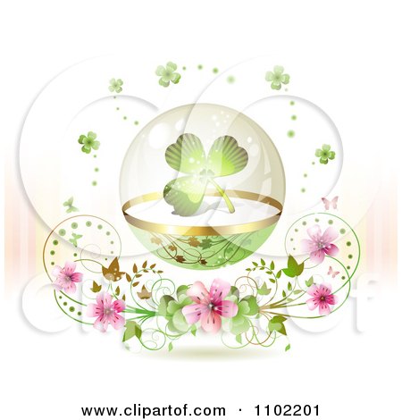 Clipart St Patricks Shamrock In A Glass Sphere Over Blossoms And Pink Rays On White - Royalty Free Vector Illustration by merlinul