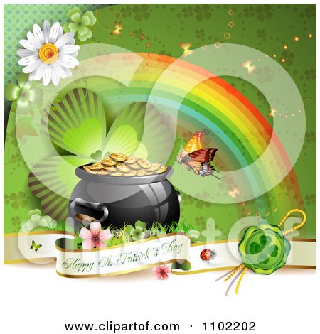 Clipart Happy St Patricks Day Banner With A Shamrock Rainbow And Pot Of Gold - Royalty Free Vector Illustration by merlinul