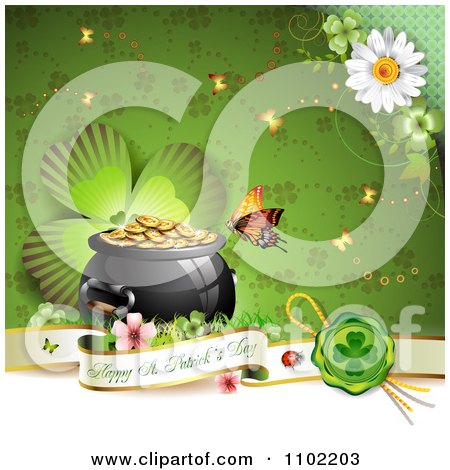 Clipart Happy St Patricks Day Banner With A Shamrock And Pot Of Gold - Royalty Free Vector Illustration by merlinul