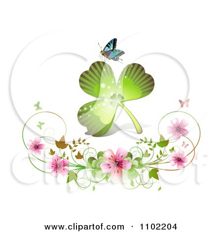 Clipart St Patricks Day Shamrock With Blossoms And A Butterfly - Royalty Free Vector Illustration by merlinul