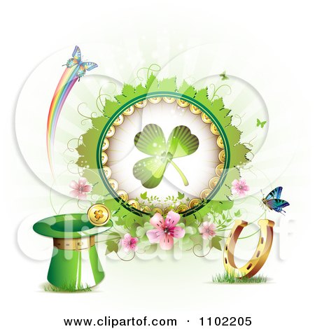 Clipart Shamrock In A Frame With Blossoms Butterflies A Leprechaun Hat Coin And Horseshoe On White - Royalty Free Vector Illustration by merlinul