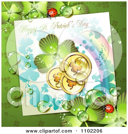 Clipart Happy St Patricks Day Greeting With A Shamrock Rainbow And Coins On Green - Royalty Free Vector Illustration by merlinul