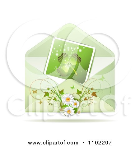 Clipart Shamrock Photo In A St Patricks Day Floral Greeting Envelope - Royalty Free Vector Illustration by merlinul