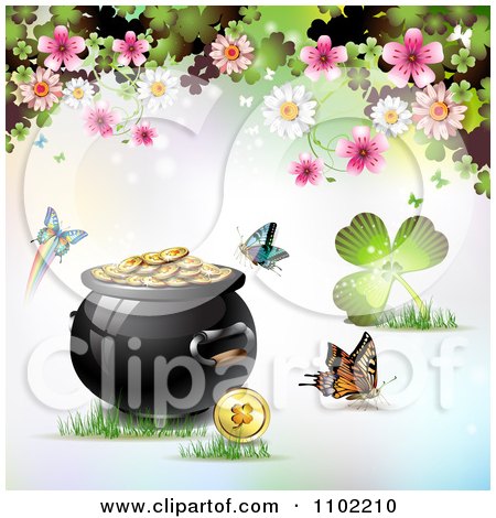 Clipart Butterfly Pot Of Gold And Clover St Patricks Day Background 6 - Royalty Free Vector Illustration by merlinul