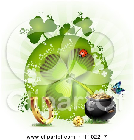 Clipart St Patricks Day Shamrock With A Ladybug Horseshoe And Pot Of Gold - Royalty Free Vector Illustration by merlinul