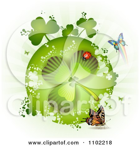 Clipart St Patricks Day Shamrock With Butterflies And A Ladybug - Royalty Free Vector Illustration by merlinul