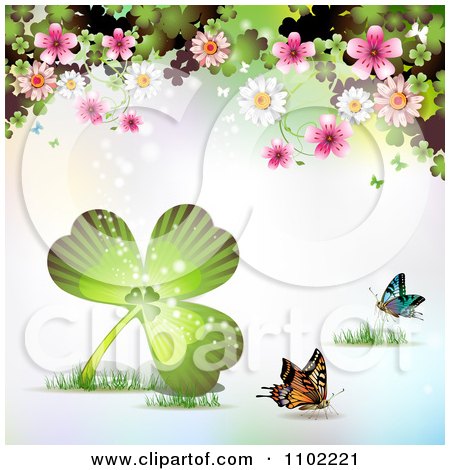 Clipart Butterfly Blossoms And Clover St Patricks Day Background 3 - Royalty Free Vector Illustration by merlinul