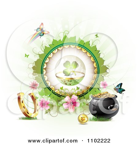 Clipart St Patricks Day Shamrock In A Sphere On With Blossoms And Butterflies A Coin Horsehoe And Pot Of Gold - Royalty Free Vector Illustration by merlinul