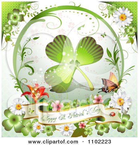 Clipart St Patricks Day Shamrock In A Frame With Clovers And A Greeting Banner - Royalty Free Vector Illustration by merlinul