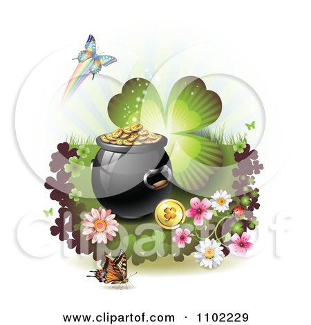 Clipart Butterfly Pot Of Gold And Clover St Patricks Day Background 5 - Royalty Free Vector Illustration by merlinul