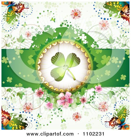 Clipart St Patricks Day Shamrock In A Frame With Blossoms And Butterflies - Royalty Free Vector Illustration by merlinul