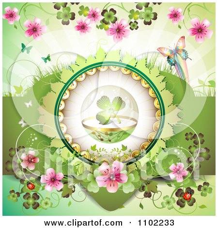 Clipart St Patricks Day Shamrock In A Sphere On Green With Blossoms And Butterflies - Royalty Free Vector Illustration by merlinul
