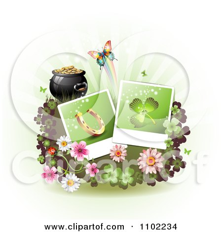 Clipart St Patricks Day Horseshoe And Shamrock Instant Photos With Blossoms Clovers A Butterlfy And Pot Of Gold - Royalty Free Vector Illustration by merlinul