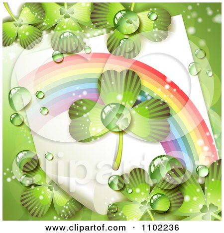 Clipart St Patricks Day Background With Dewy Shamrocks A Rainbow And Paper - Royalty Free Vector Illustration by merlinul