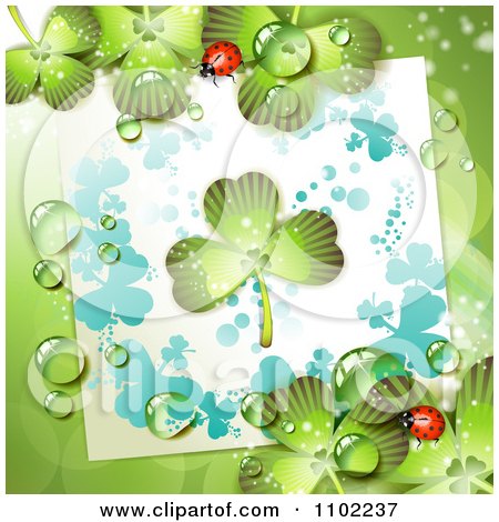Clipart St Patricks Day Background With Dewy Shamrocks Ladybugs And Paper - Royalty Free Vector Illustration by merlinul