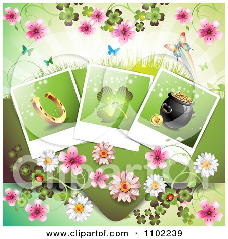 Clipart Horseshoe Shamrock And Pot Of Gold Photos Over Blossoms And Butterflies On Green - Royalty Free Vector Illustration by merlinul