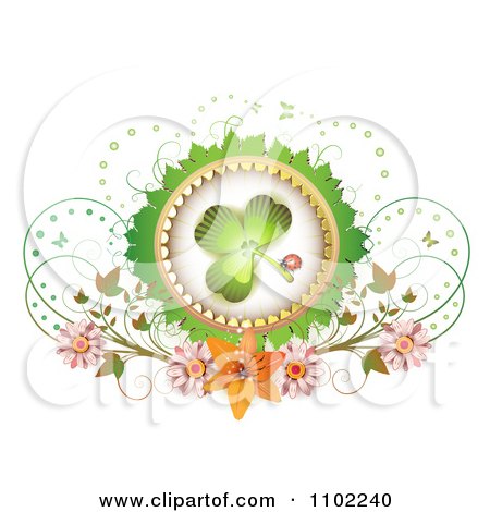 Clipart Shamrock Inside A Green Leaf Frame With Butterflies And Flowers On White - Royalty Free Vector Illustration by merlinul