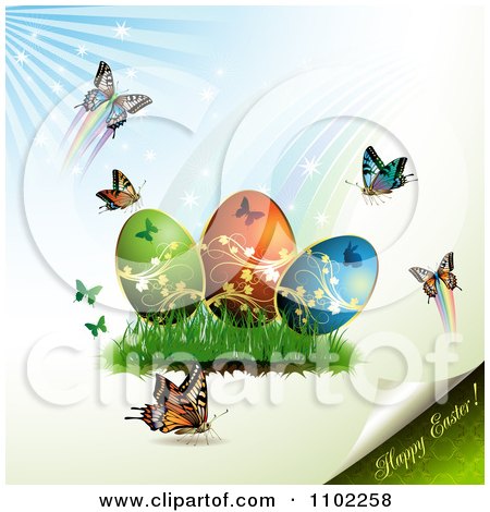 Clipart Happy Easter Text With Eggs And Butterflies 1 - Royalty Free Vector Illustration by merlinul