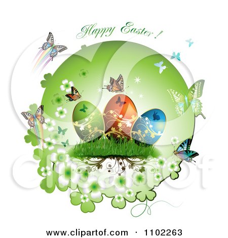 Clipart Happy Easter Text With Eggs And Butterflies 2 - Royalty Free Vector Illustration by merlinul