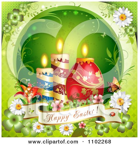 Clipart Happy Easter Banner With Candle Eggs On Green - Royalty Free Vector Illustration by merlinul