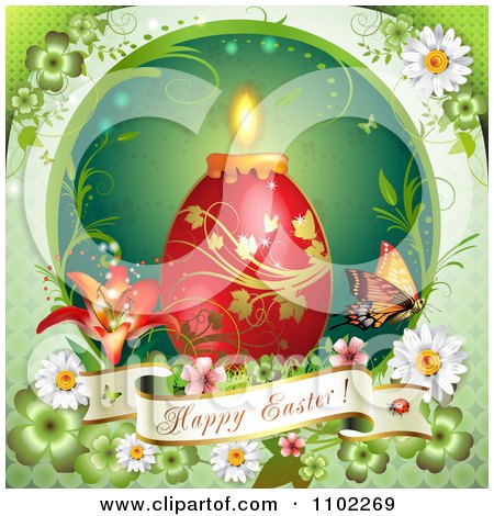 Clipart Happy Easter Banner With A Red Candle Egg On Green 2 - Royalty Free Vector Illustration by merlinul