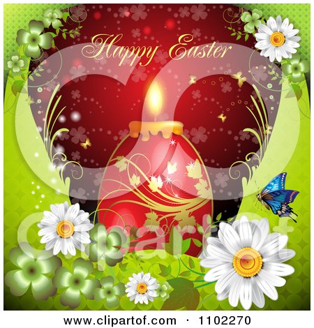 Clipart Happy Easter Greeting Over A Red Candle Egg On Green And Red - Royalty Free Vector Illustration by merlinul