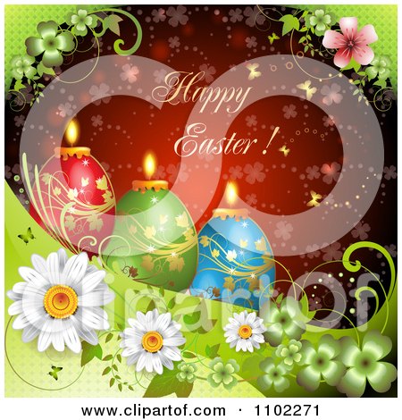 Clipart Happy Easter Greeting Over Candle Eggs On Green And Red - Royalty Free Vector Illustration by merlinul
