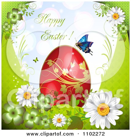 Clipart Happy Easter Greeting With A Butterfly And Red Egg Over Flowers - Royalty Free Vector Illustration by merlinul