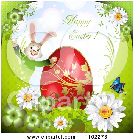 Clipart Happy Easter Greeting With An Egg Bunny And Flowers - Royalty Free Vector Illustration by merlinul