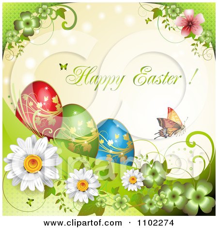 Clipart Happy Easter Greeting With A Butterfly And Eggs Over Flowers - Royalty Free Vector Illustration by merlinul
