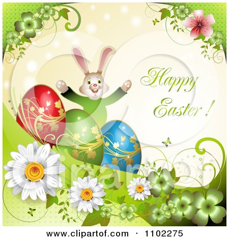 Clipart Happy Easter Greeting With Eggs A Bunny Rainbow And Flowers - Royalty Free Vector Illustration by merlinul