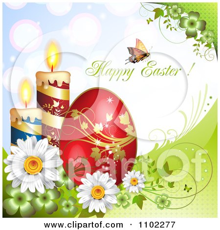 Clipart Butterfly With Happy Easter Text Over Candles Flowers And An Egg - Royalty Free Vector Illustration by merlinul