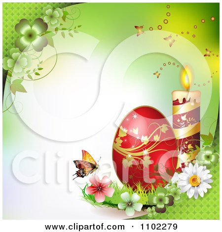 Clipart Red Easter Egg With A Candle And Butterfly On Green - Royalty Free Vector Illustration by merlinul