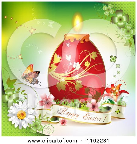 Clipart Happy Easter Banner With A Red Candle Egg On Green 1 - Royalty Free Vector Illustration by merlinul