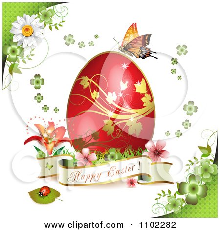 Clipart Happy Easter Banner With A Red Egg And Butterfly On Green 2 - Royalty Free Vector Illustration by merlinul